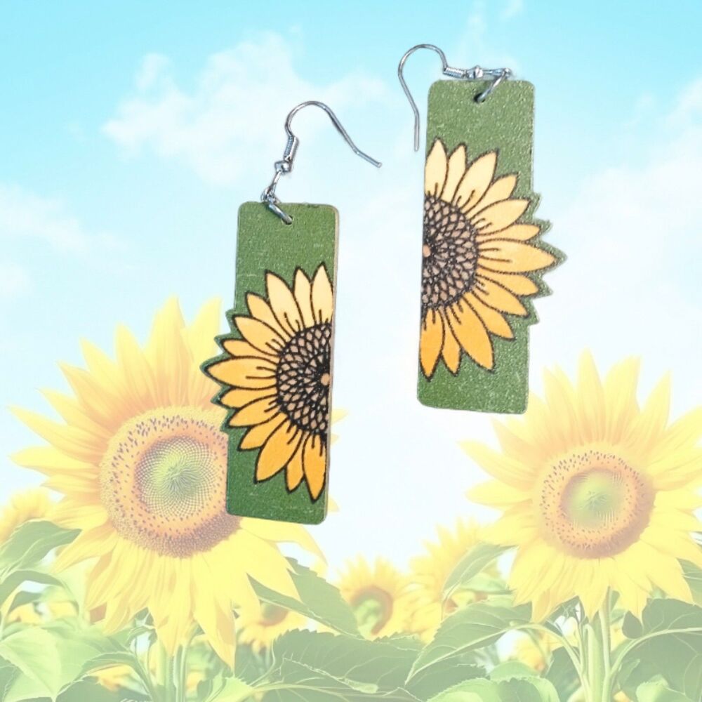 Wood Yellow Sunflower on Green Background Earrings Rectangle